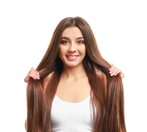 Bella donna con capelli lunghi sani su sfondo bianco — Foto Stock