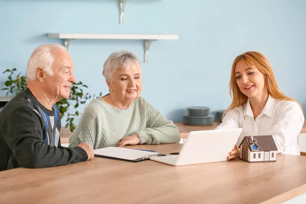 Agente inmobiliario femenino trabajando con pareja de personas mayores en interiores — Foto de Stock