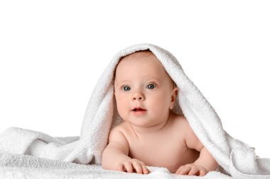 Portrait of cute little baby with towel on white background