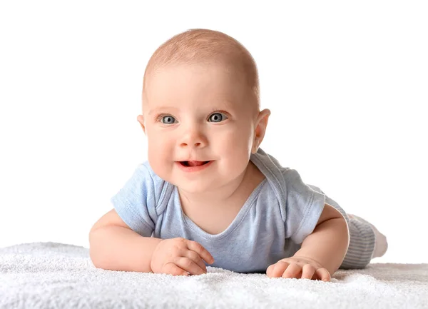 Retrato de bebê pequeno bonito no fundo branco — Fotografia de Stock