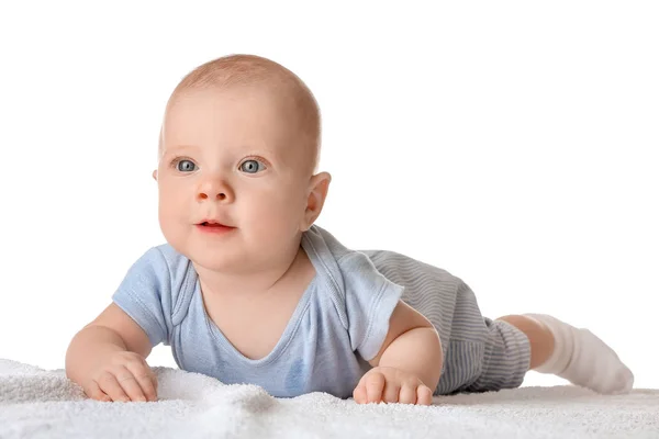 Retrato de bebê pequeno bonito no fundo branco — Fotografia de Stock