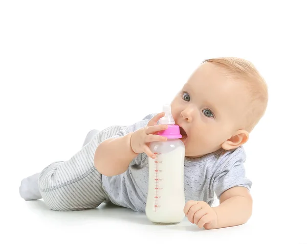 Baby with bottle of milk on white background — Stock Photo, Image