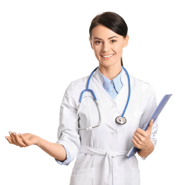 Cardiologista feminina em fundo branco — Fotografia de Stock