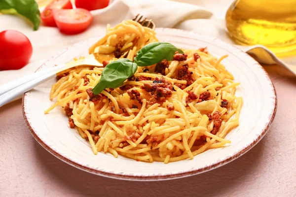 Plate with tasty pasta bolognese on table — Stock Photo, Image