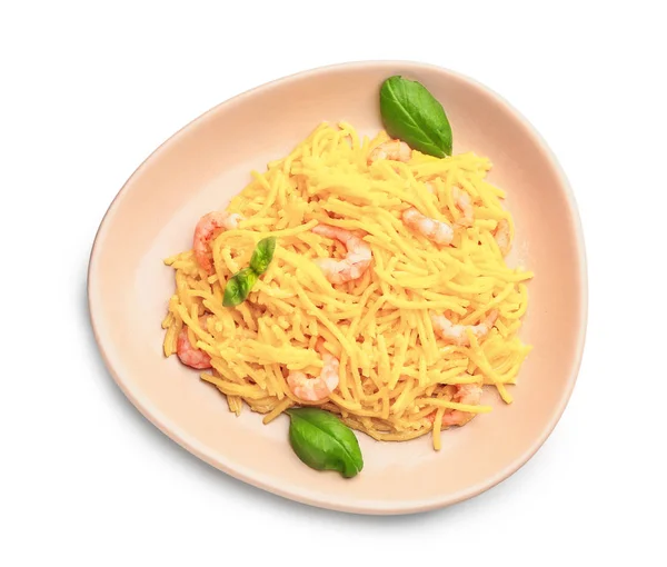 Plate with tasty pasta and shrimps on white background — Stock Photo, Image