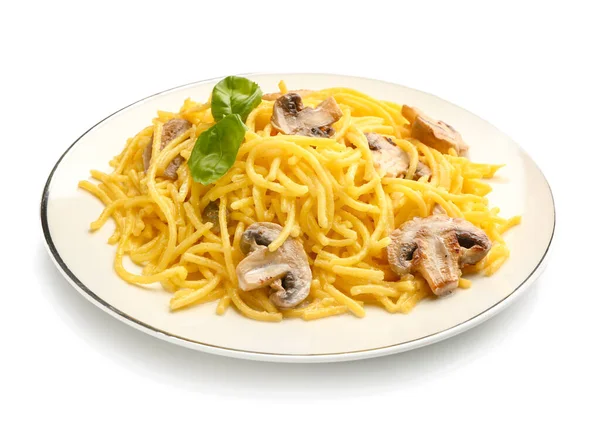 Plate with tasty pasta and mushrooms on white background — Stock Photo, Image
