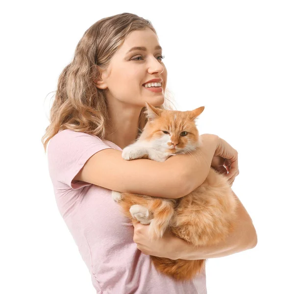 Beautiful young woman with cute cat on white background — Stock Photo, Image