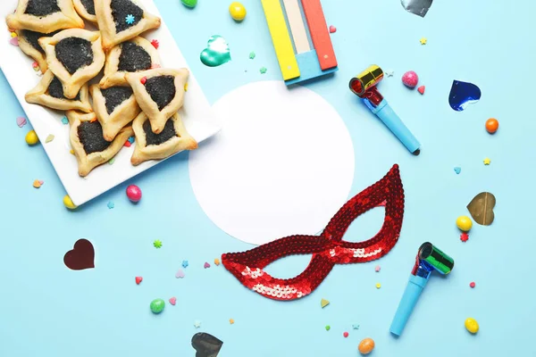 Composition for Purim holiday on color background — Stock Photo, Image