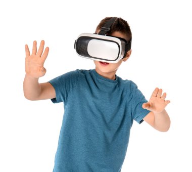 Little boy with virtual reality glasses on white background