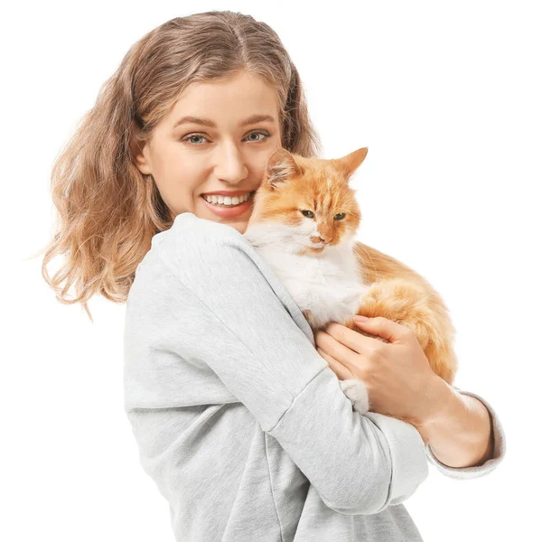 Beautiful young woman with cute cat on white background — Stock Photo, Image