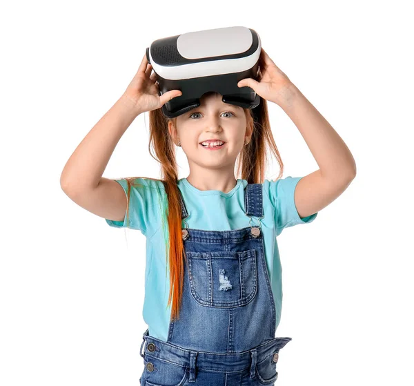 Little girl with virtual reality glasses on white background — Stock Photo, Image