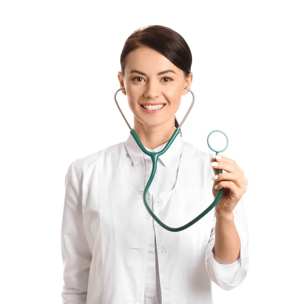 Female cardiologist on white background — Stock Photo, Image