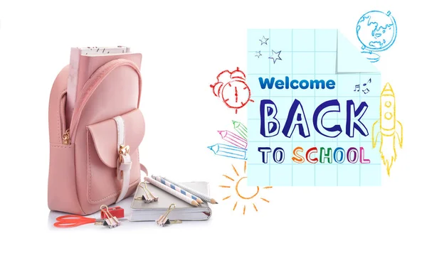 Backpack with stationery and text WELCOME BACK TO SCHOOL on white background — 스톡 사진