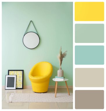 Rahat koltuğu ve renkli duvarın yanındaki masası olan modern bir oda. Farklı renk desenleri