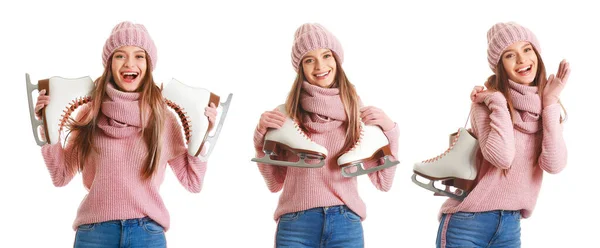 Collage con una hermosa joven sosteniendo patines de hielo sobre fondo blanco —  Fotos de Stock