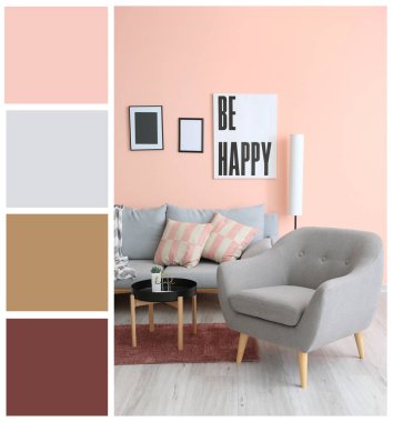 Interior of room with comfortable furniture. Different color patterns