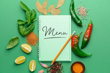  Notebook with word MENU and different spices on color background