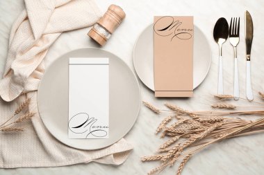 Beautiful table setting with menu on light background