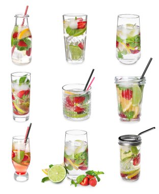 Beyaz arka planda taze çilekli limonata.