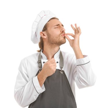 Beyaz arka planda mutlu bir aşçı