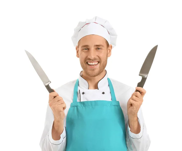 Fešák samec kuchař nože na bílém pozadí — Stock fotografie