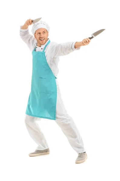 Grappige mannelijke chef-kok messen op witte achtergrond — Stockfoto