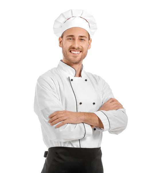 Bonito chef masculino no fundo branco — Fotografia de Stock