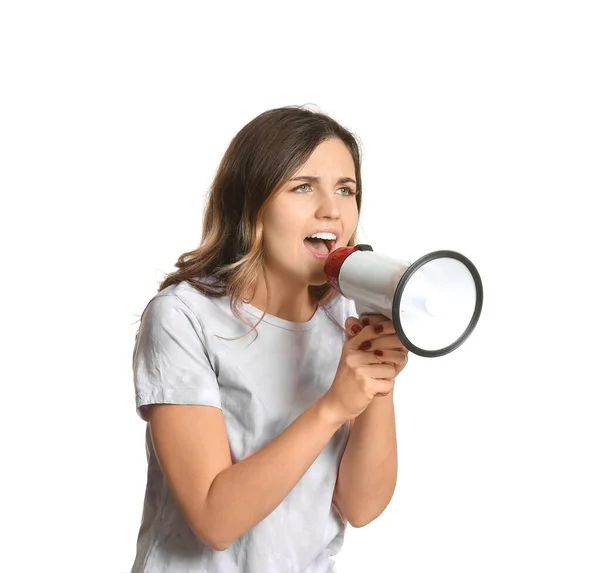 Емоційна молода жінка з мегафоном на білому тлі — стокове фото