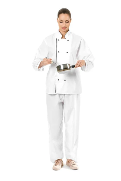 Belo chef feminino no fundo branco — Fotografia de Stock