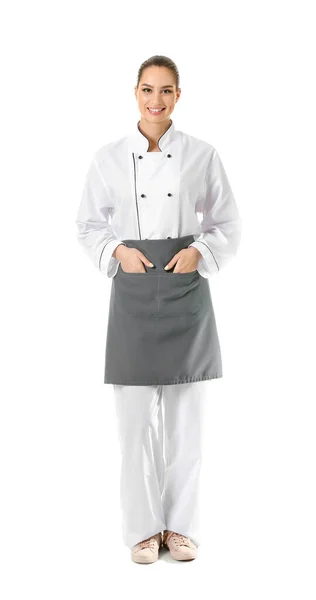 Krásná fena kuchař na bílém pozadí — Stock fotografie