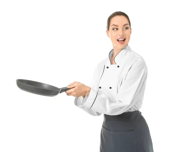 Beautiful female chef with frying pan on white background — Stock Photo, Image