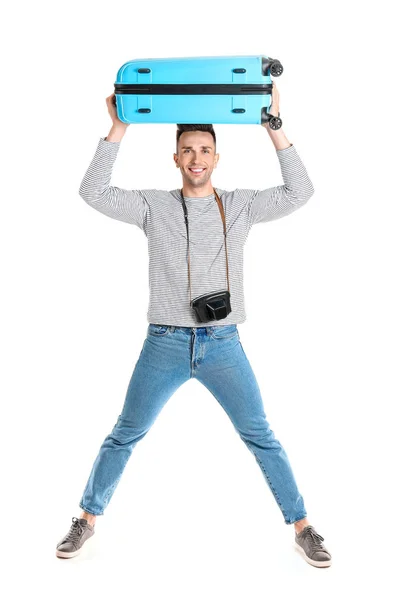 Male tourist with luggage on white background — Stock Photo, Image