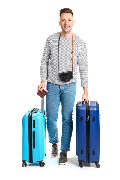 Männlicher Tourist mit Gepäck auf weißem Hintergrund — Stockfoto