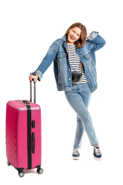Female tourist with luggage on white background — Stock Photo, Image