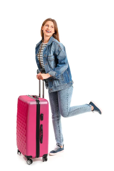 Female tourist with luggage on white background — Stock Photo, Image