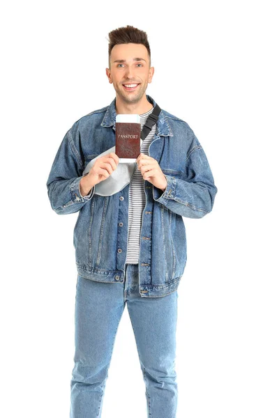 Šťastný muž turista s pasem a lístky na bílém pozadí — Stock fotografie