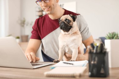 Evde sevimli köpekli ve dizüstü bilgisayarı olan yakışıklı bir adam.