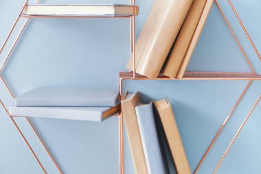 Duvarı aydınlık kitaplarla kaplı raflar