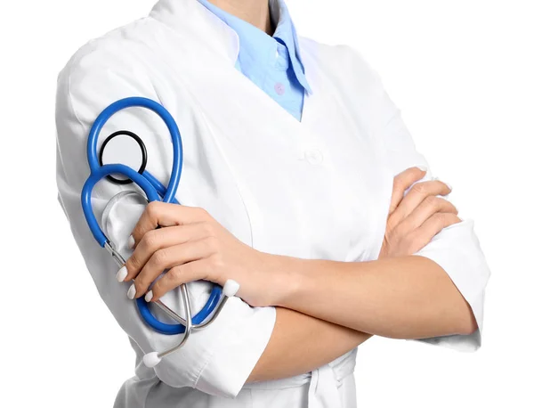 Female cardiologist on white background — Stock Photo, Image