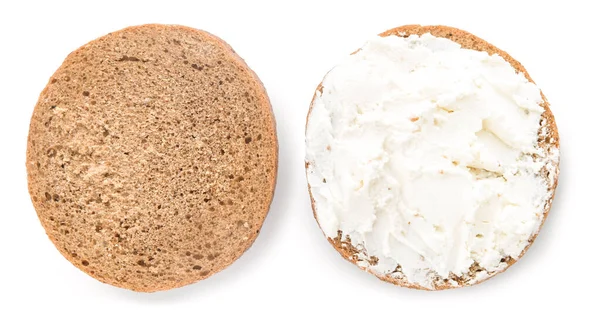 Fresh bun with tasty cream cheese on white background — Stock Photo, Image