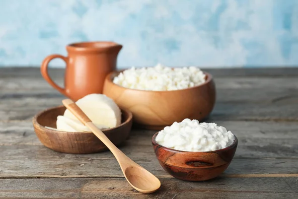 Different dairy products on wooden table — Stock Photo, Image