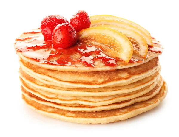 Stack of tasty pancakes on white background — Stock Photo, Image