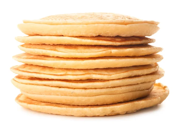 Stack av läckra pannkakor på vit bakgrund — Stockfoto