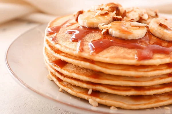Plate with stack of tasty pancakes on table, closeup — Stock Photo, Image