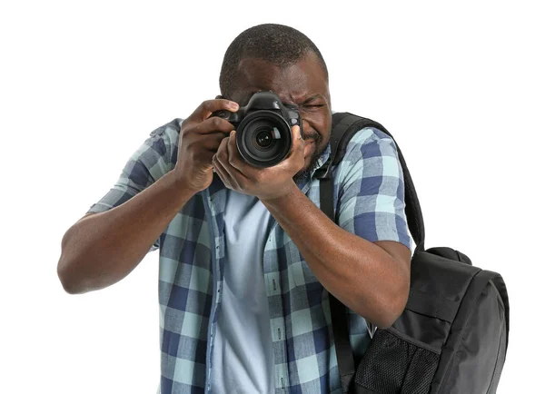 Afroamerykanin fotograf na białym tle — Zdjęcie stockowe