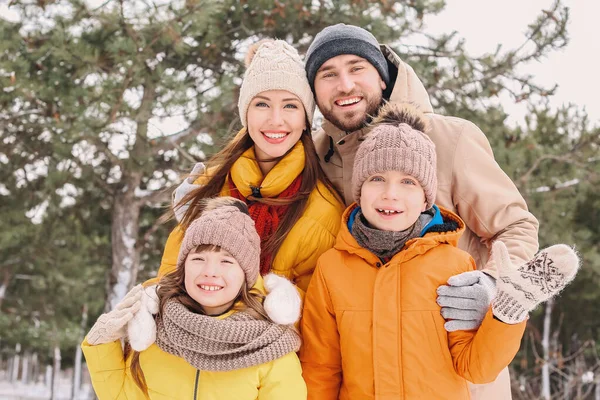 Família feliz no parque no dia de inverno — Fotografia de Stock