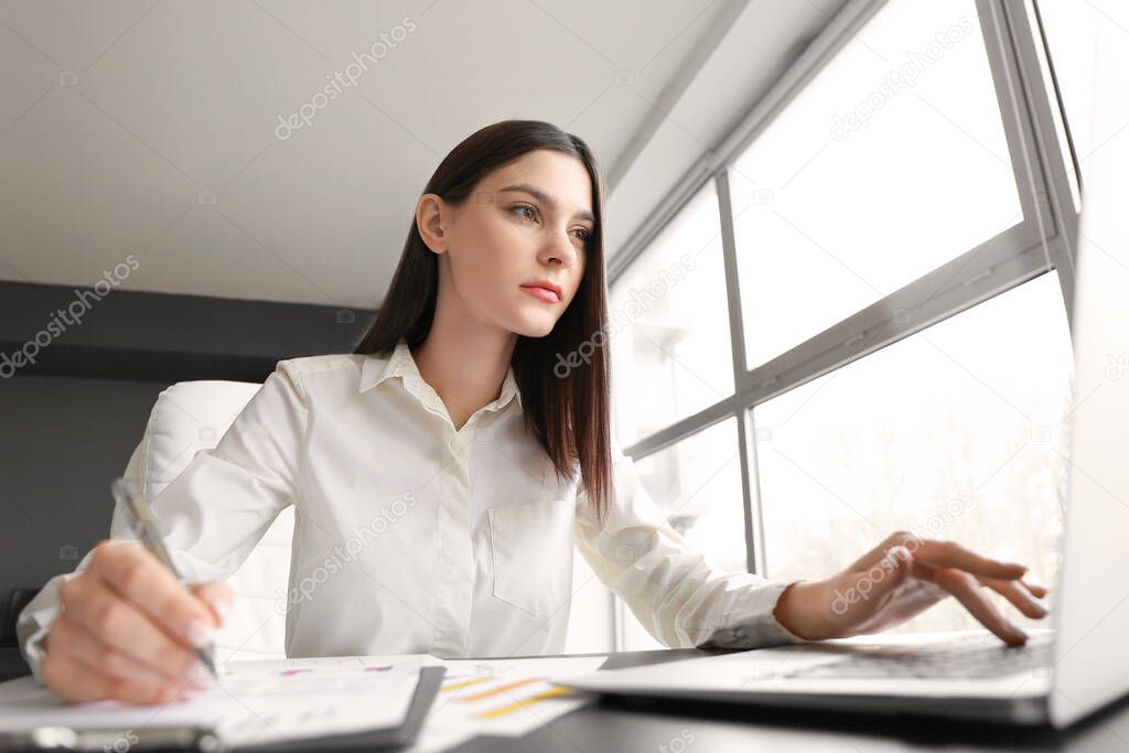 Young female accountant working in office