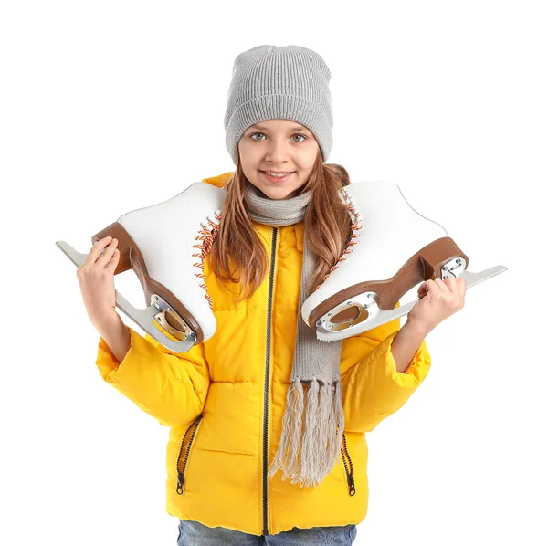 Cute little girl with ice skates on white background — Stock Photo, Image