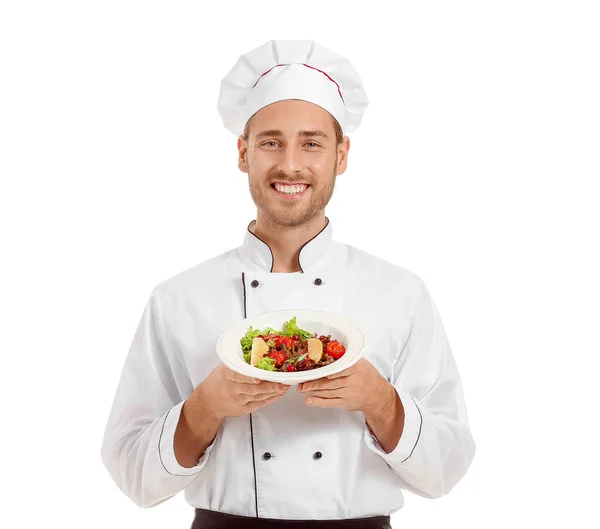 Chef macho feliz con plato preparado sobre fondo blanco — Foto de Stock