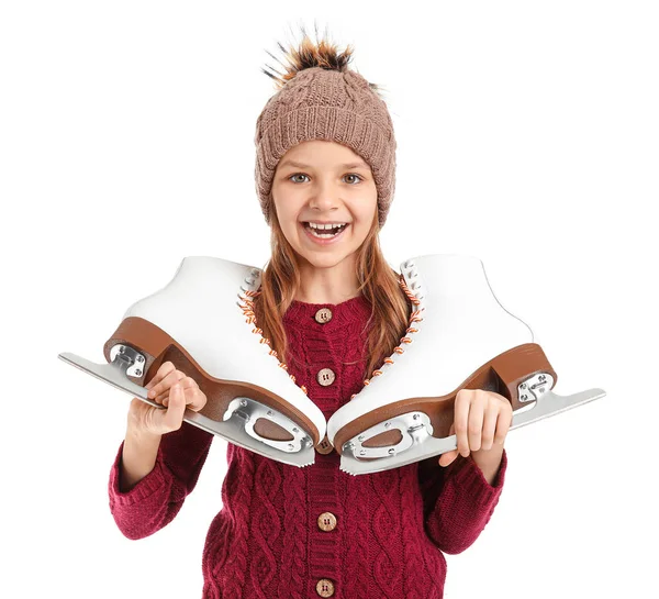 Cute little girl with ice skates on white background — Stock Photo, Image